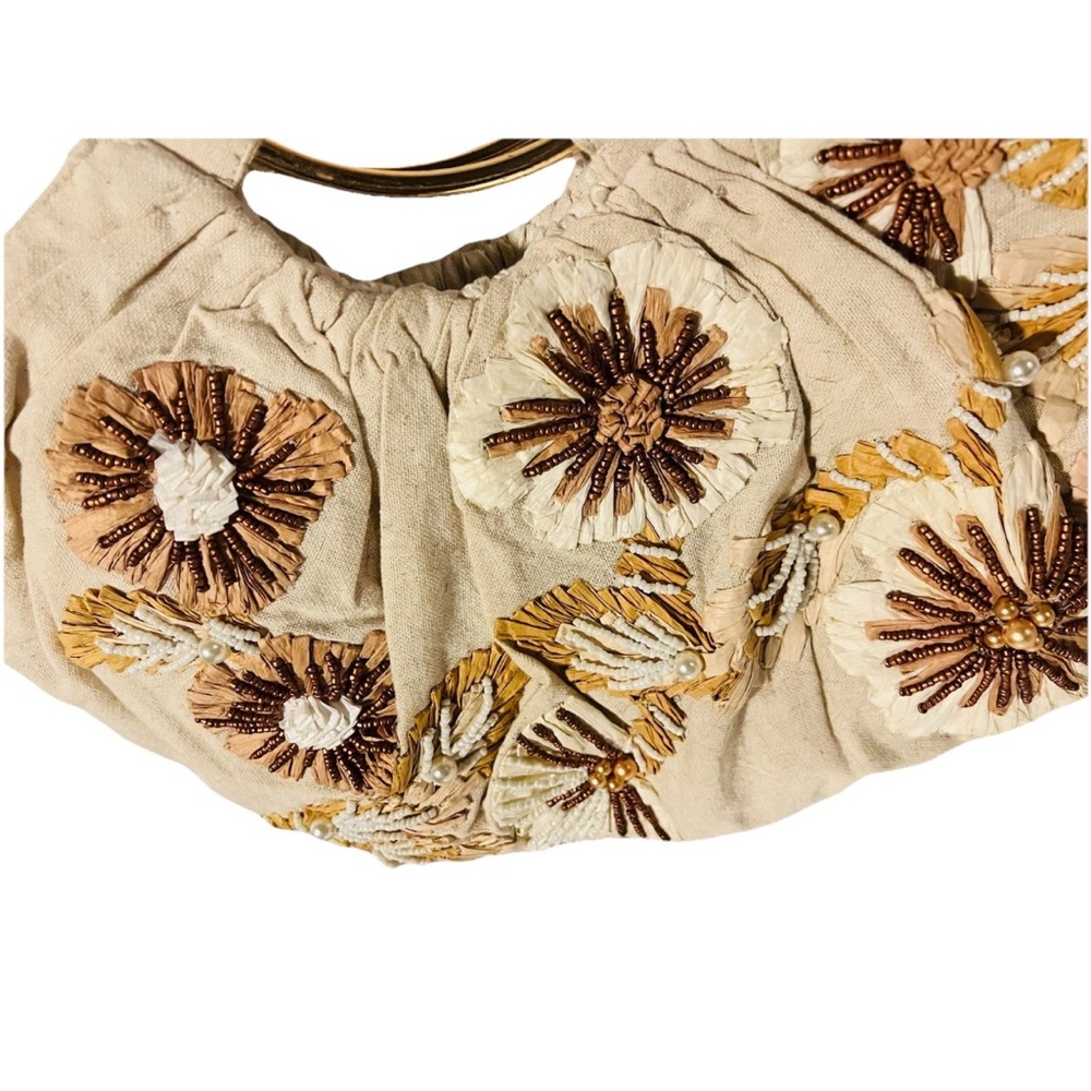 Anthropologie “Sunburst Meadow” Beaded Raffia Large Satchel Double Ring Handle - Picture 2 of 10